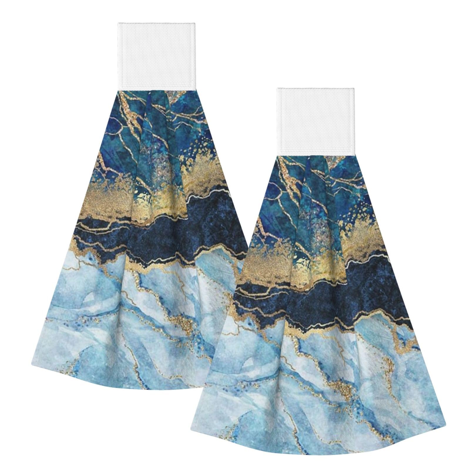 DOPKLNA Abstract Paint Gold Glitter Blue Marble, 2 Pcs Hanging Coral Fiber Hand Towels for Bathroom, Absorbent Kitchen Towels