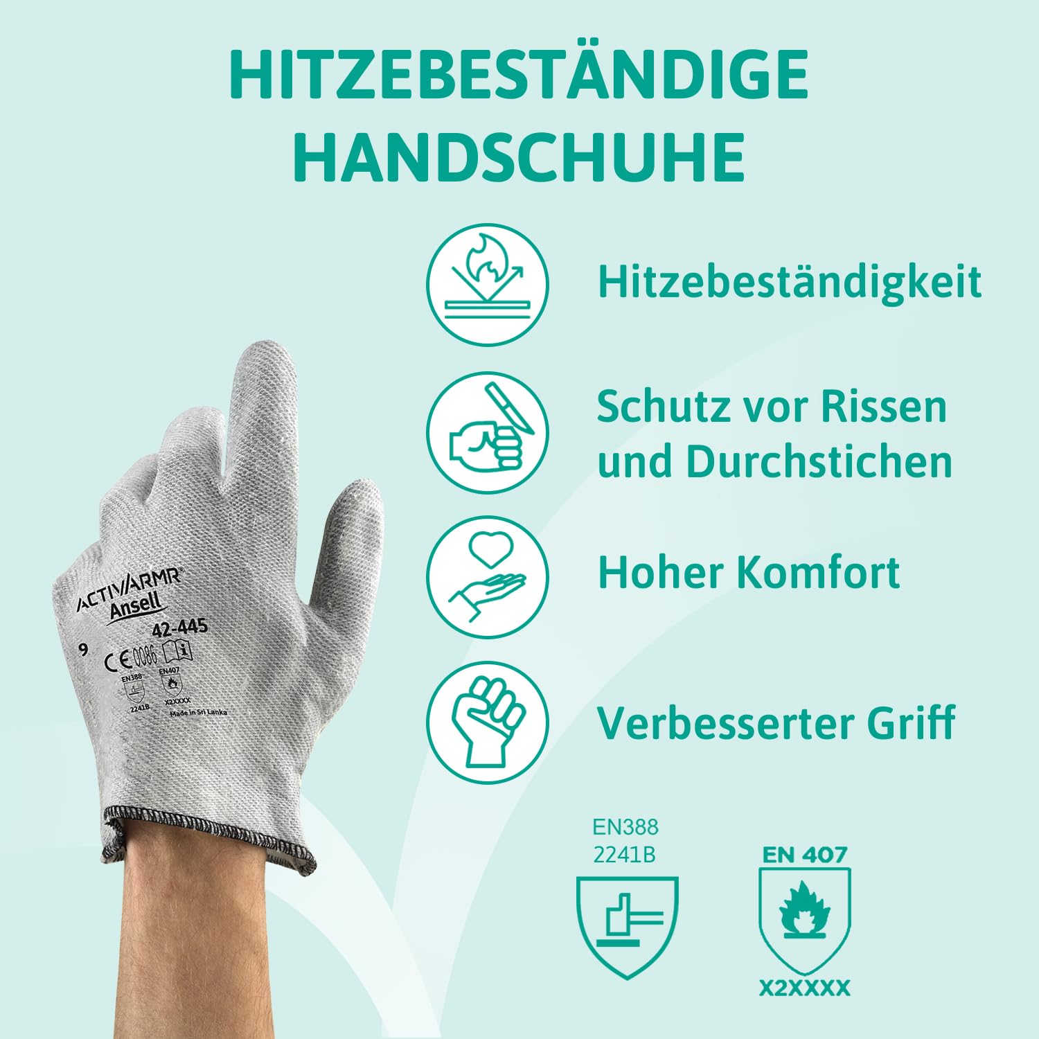 Ansell ActivArmr 42-445 Hitzebeständige Handschuhe, Mechanik- und Chemikalien-Schutz bei industriellen Arbeiten, Arbeitshandschuh Damen Herren, Grau, Größe XL (12 Paar)