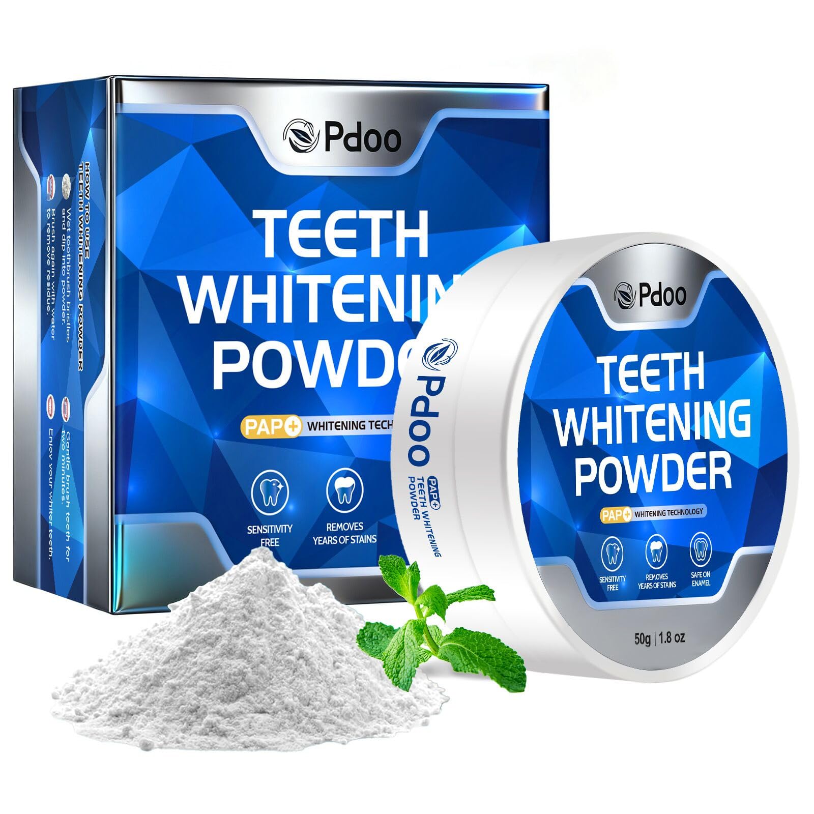 Professional Teeth Whitening Powder with Pap Peroxide-Free Enamel Safe Sensitivity-Free Fast Stain Removal for Coffee Tea Wine Smoking
