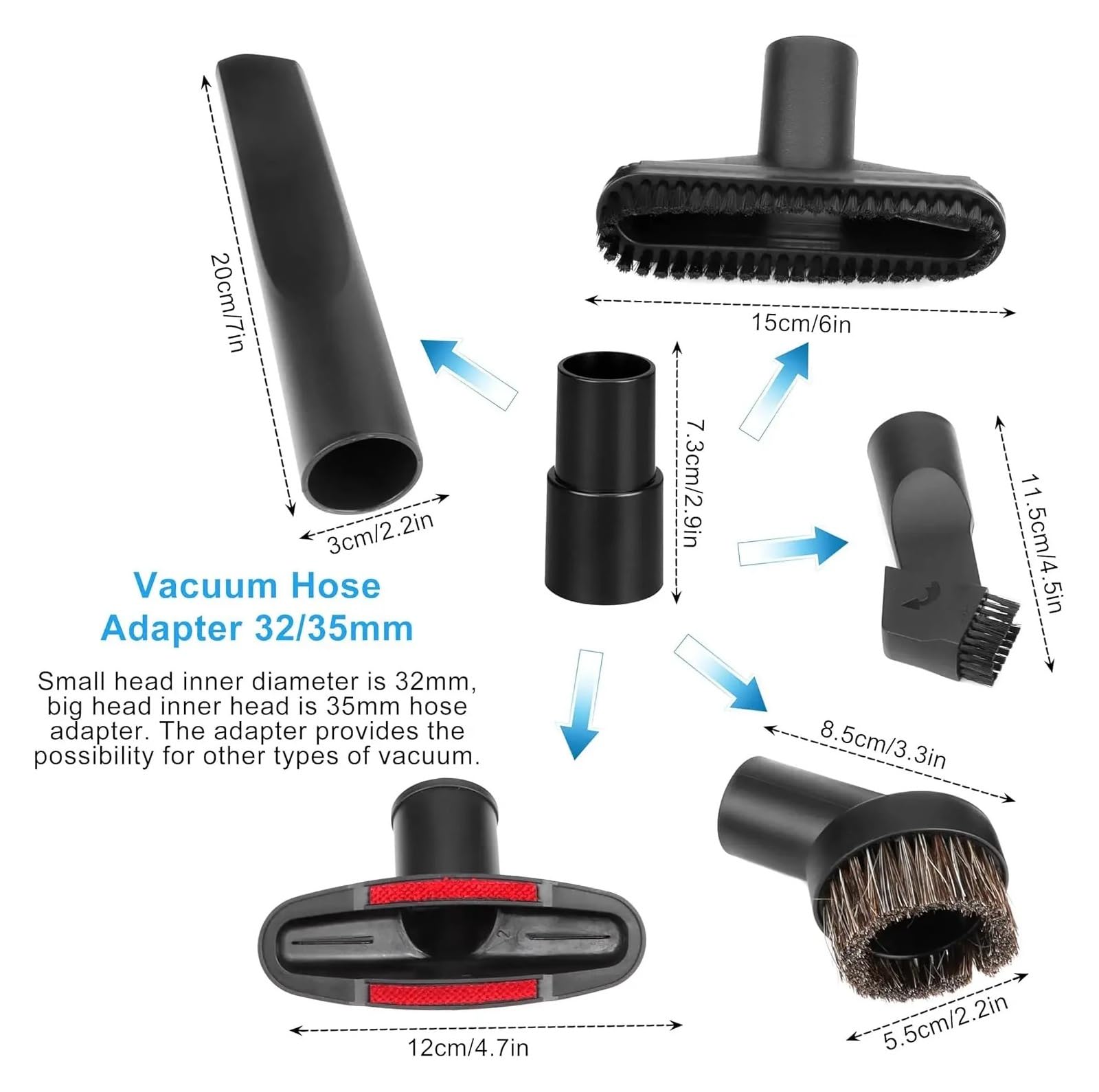 32-mm-Vac-Düsenbürstensatz mit 35-32-mm-Schlauchadapter | 32-mm-Düsenbürstensatz mit 35-mm-auf-32-mm-Schlauchadapter. Passend for die meisten Staubsauger.
