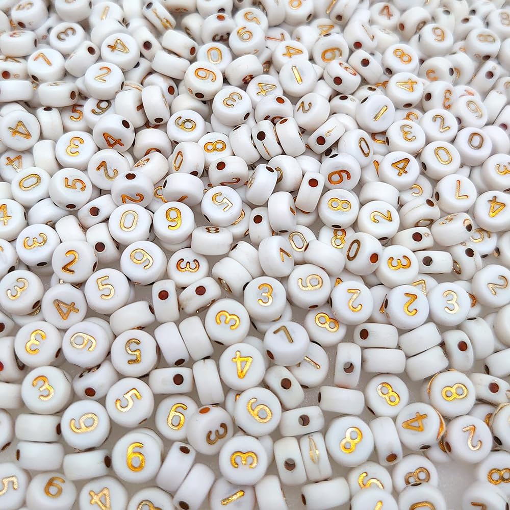 200+ Pieces 4x7mm White Round Acrylic Number Beads 0-9 Mixed Plastic Shape Loose Beads for Jewelry Making Bracelets Necklaces Key Chains (Gold on White) - Image 2