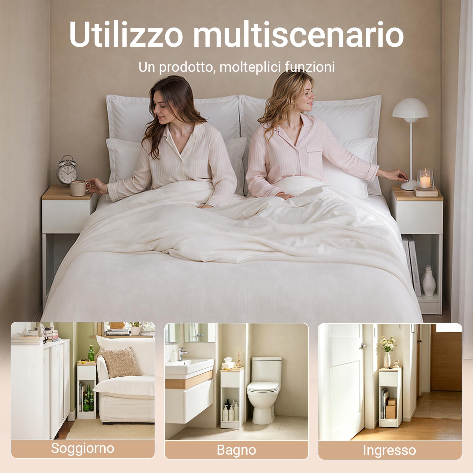 SoBuy set da 2 Comodino camera da letto stretto 20 cm con cassetto comodino salvaspazio & tavolino da letto per piccoli spazi camera da letto soggiorno bianco 20x35x60 cm FBT111-WNx2