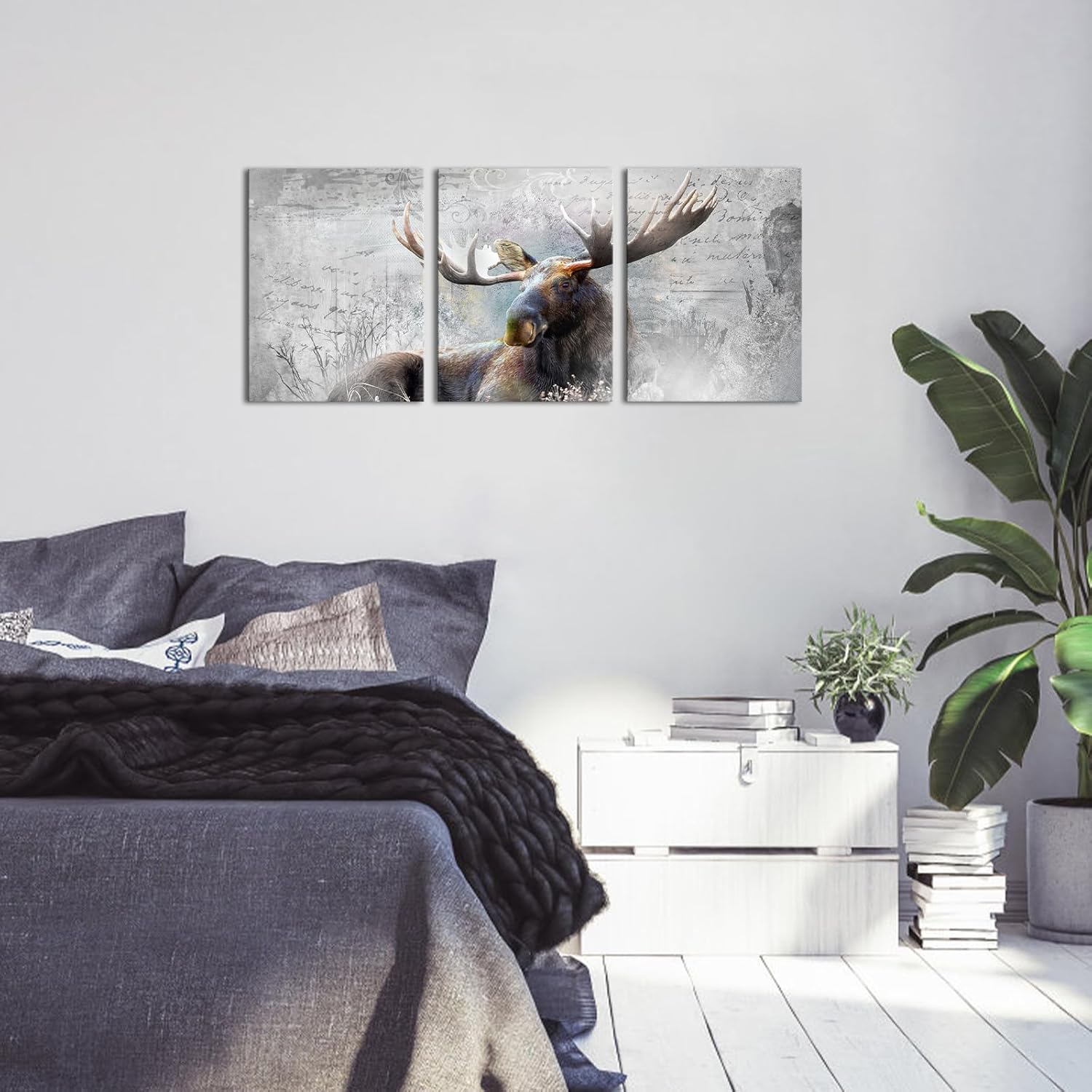 Apicoture Moose Wall Art - Woodland Animal Deer Moose Wall Decor Wildlife Paintings For Cabin Decor Rustic Country Log Wall Decorations Hunting (12"X16"X3panel)