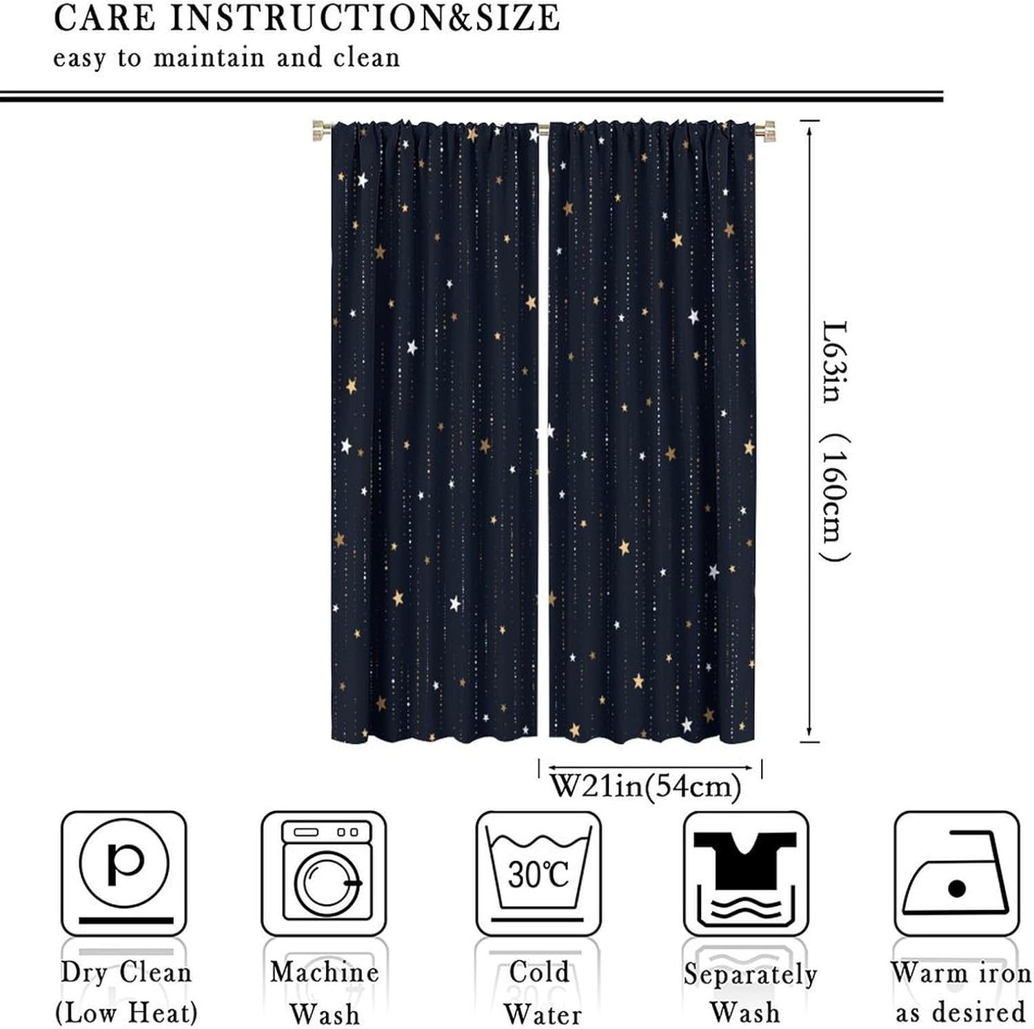 Night Starry Sky Curtains, Golden Space Stars Fantasy Galaxy Universe Black Cosmic with Gold White Star Rain Print Window Curtains for Kids Bedroom Living Room 42x63in (No Blackout)