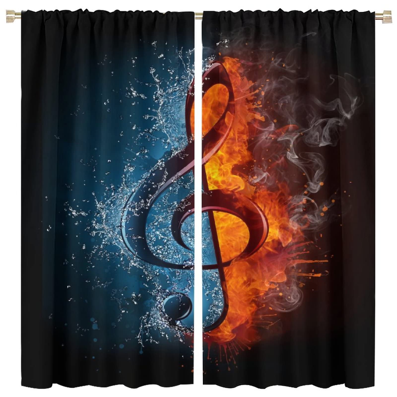 Music Curtains,Musical Notes Water Fire Theme Room Darkening Thermal Insulated Rod Pocket Window Curtain 2 Panels for Living Room Bedroom Decor W52xL84in