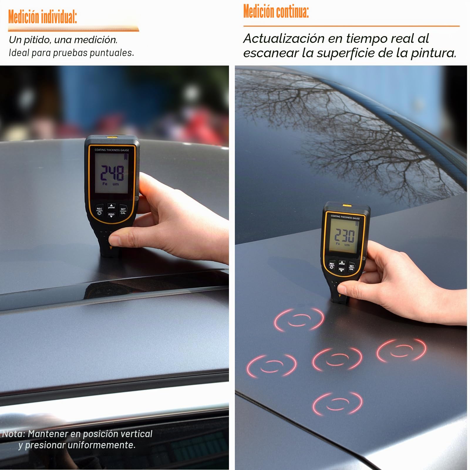 Medidor de Espesor de Pintura para Coches, Medidor Digital 0–2999 μm con Alarma de Límite y Pantalla Giratoria