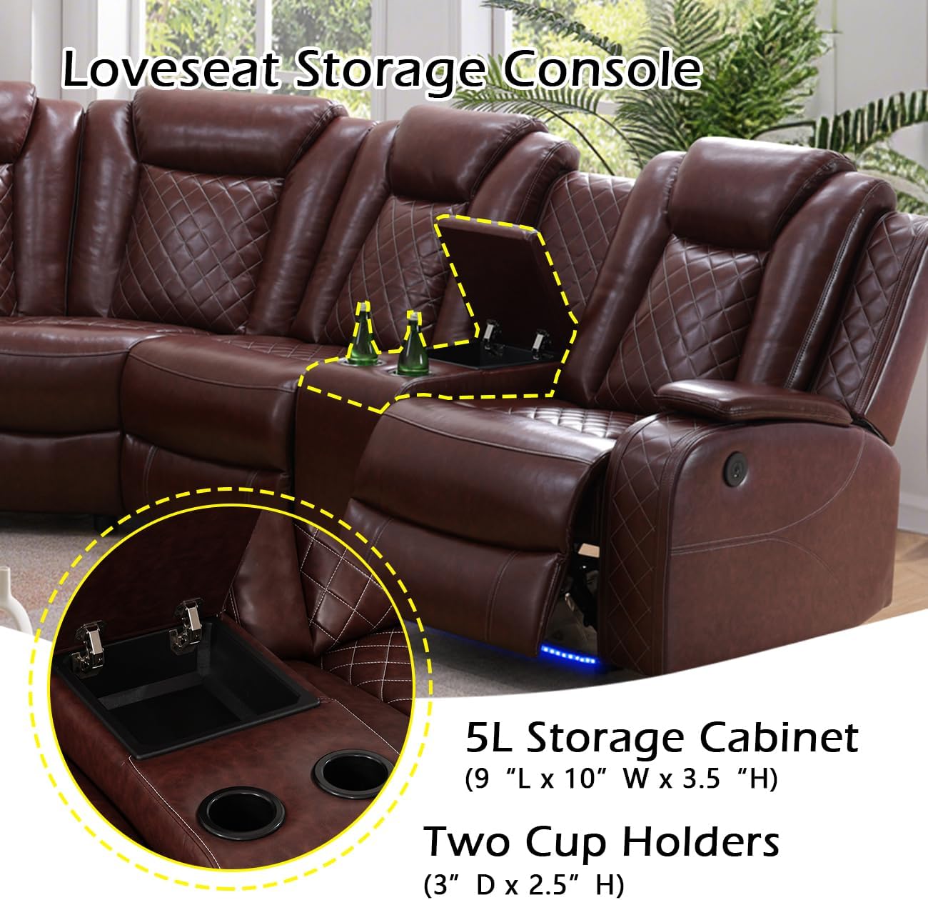 Power Recliner Sectional Sofa Set for Living Room Furniture Sets,Leather Reclining Couch Set with LED Lights,L- Shaped Leather Couch for Living Room/Home Theater(Burgundy,Sectional+Loveseat)