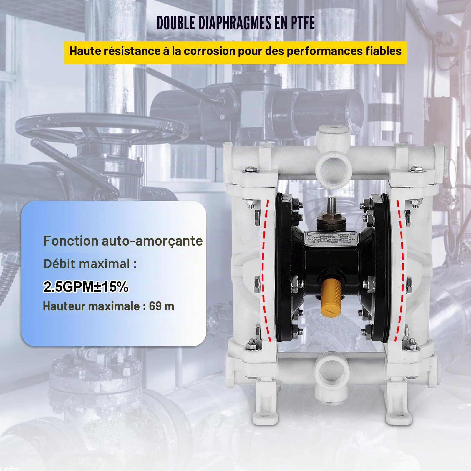VEVOR Pompe pneumatique à double membrane, entrée et sortie 12,7 mm, 13,2 GPM et max 120 psi, pompe de transfert pneumatique à membrane PTFE pour pétrole, diesel, huile, fluides à faible viscosité