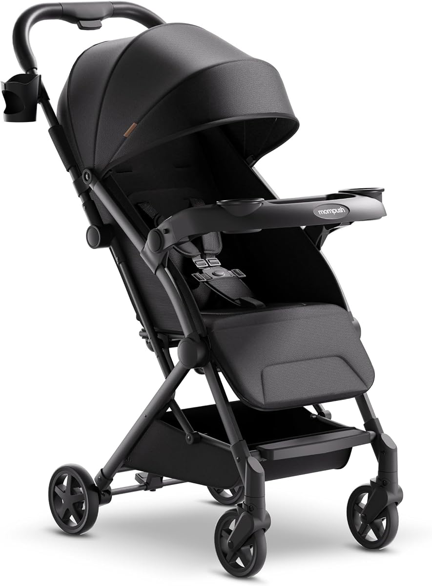 Mompush Lithe V2 Lightweight Travel Stroller Snack Tray Included, Black | Compact baby stroller, airplane-ready, one-hand fold, mechanical recline seat, UPF 50+ canopy, travel bag & rain cover