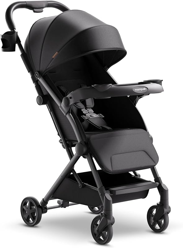 Mompush Lithe V2 Lightweight Travel Stroller Snack Tray Included, Black | Compact baby stroller, airplane-ready, one-hand fold, mechanical recline seat, UPF 50+ canopy, travel bag & rain cover