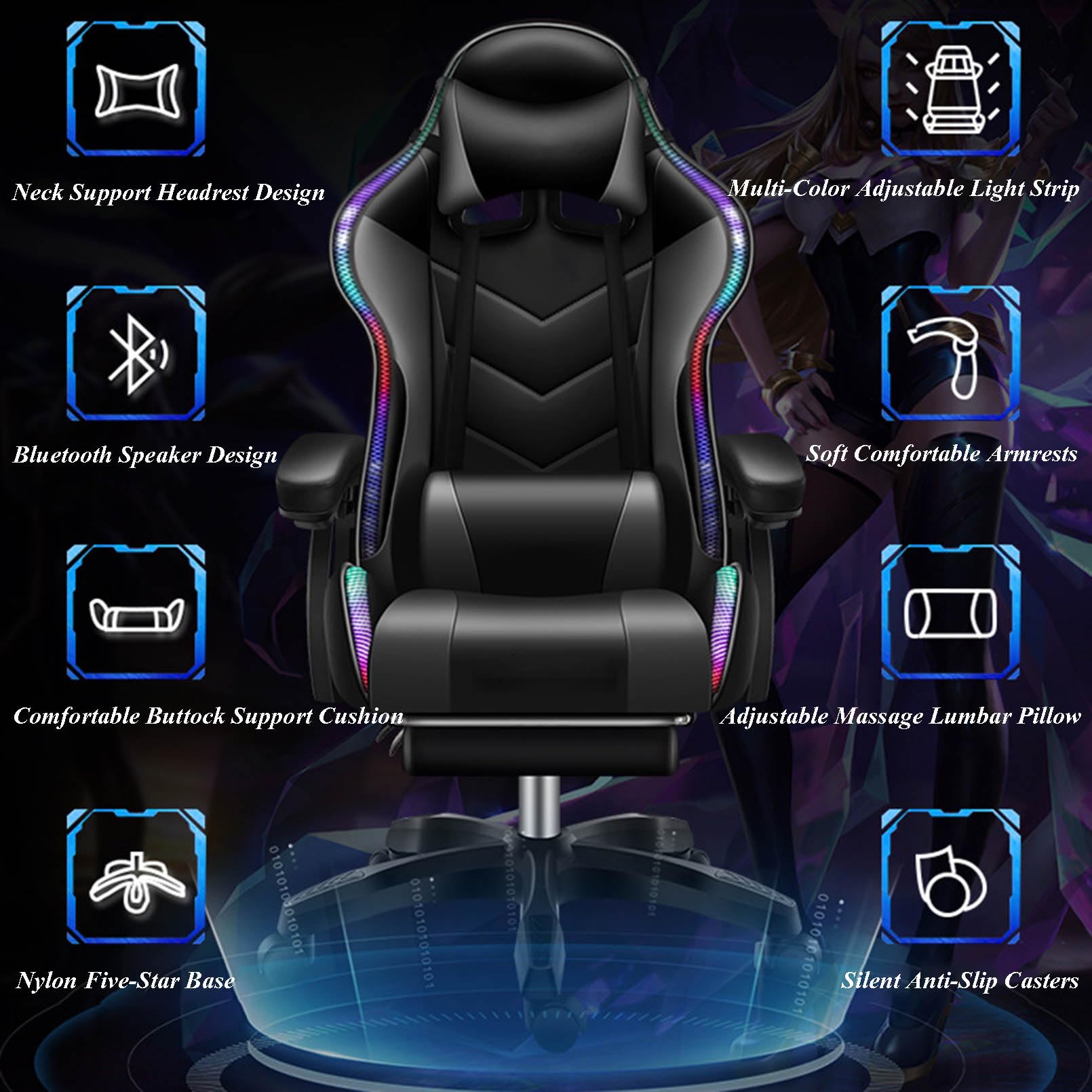 Fotel gamingowy z masażem podparciem lędźwiowym, ergonomiczna konstrukcja, regulacja wysokości dzięki głośnikowi Bluetooth i kolorowym światłom, wytrzymały, do biura i gier komputerowych
