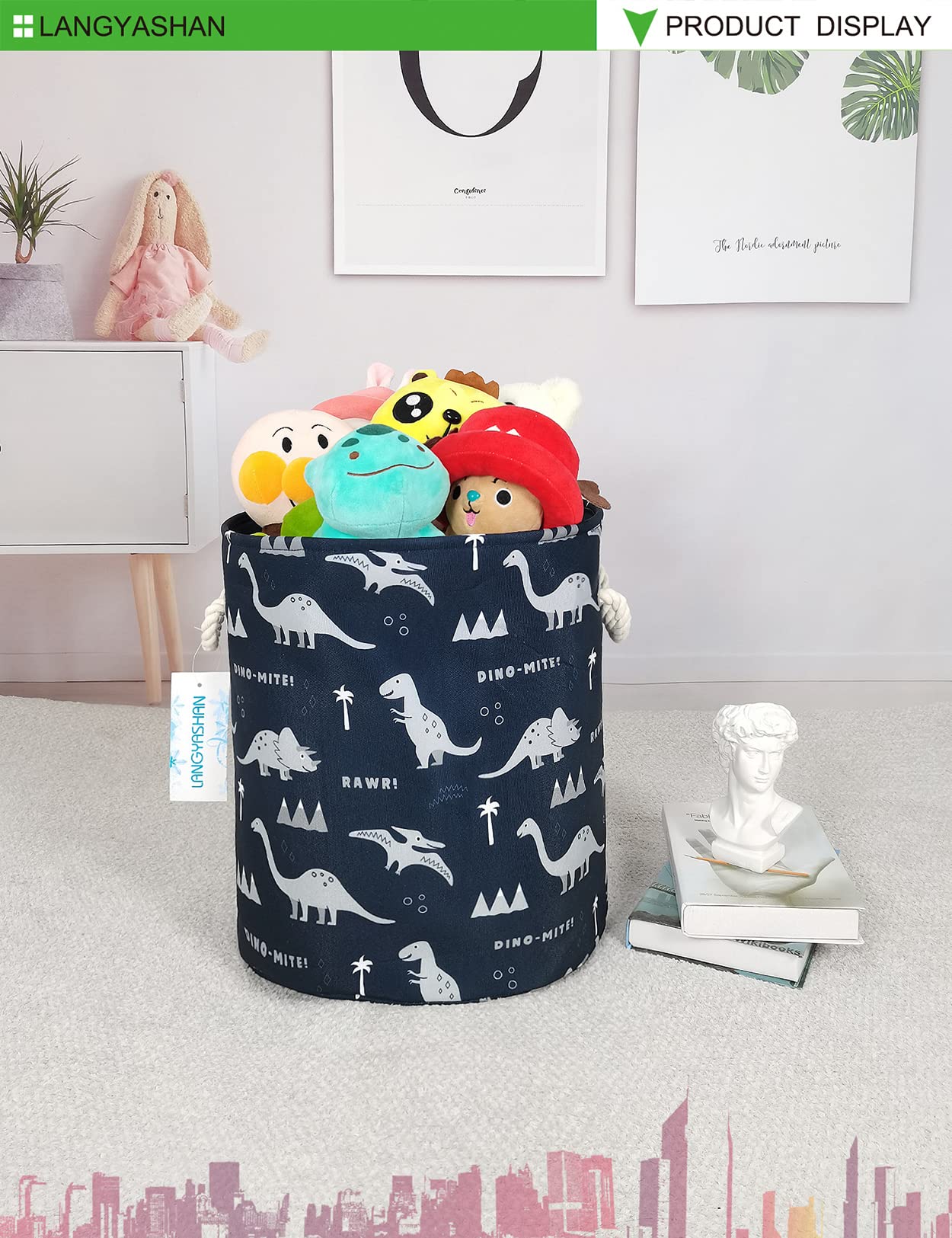 Panier à Linge Pliable Pour Bébé Et Rangement Jouets - 38 Litres, Motif Dinosaure, Coton Et Imperméable