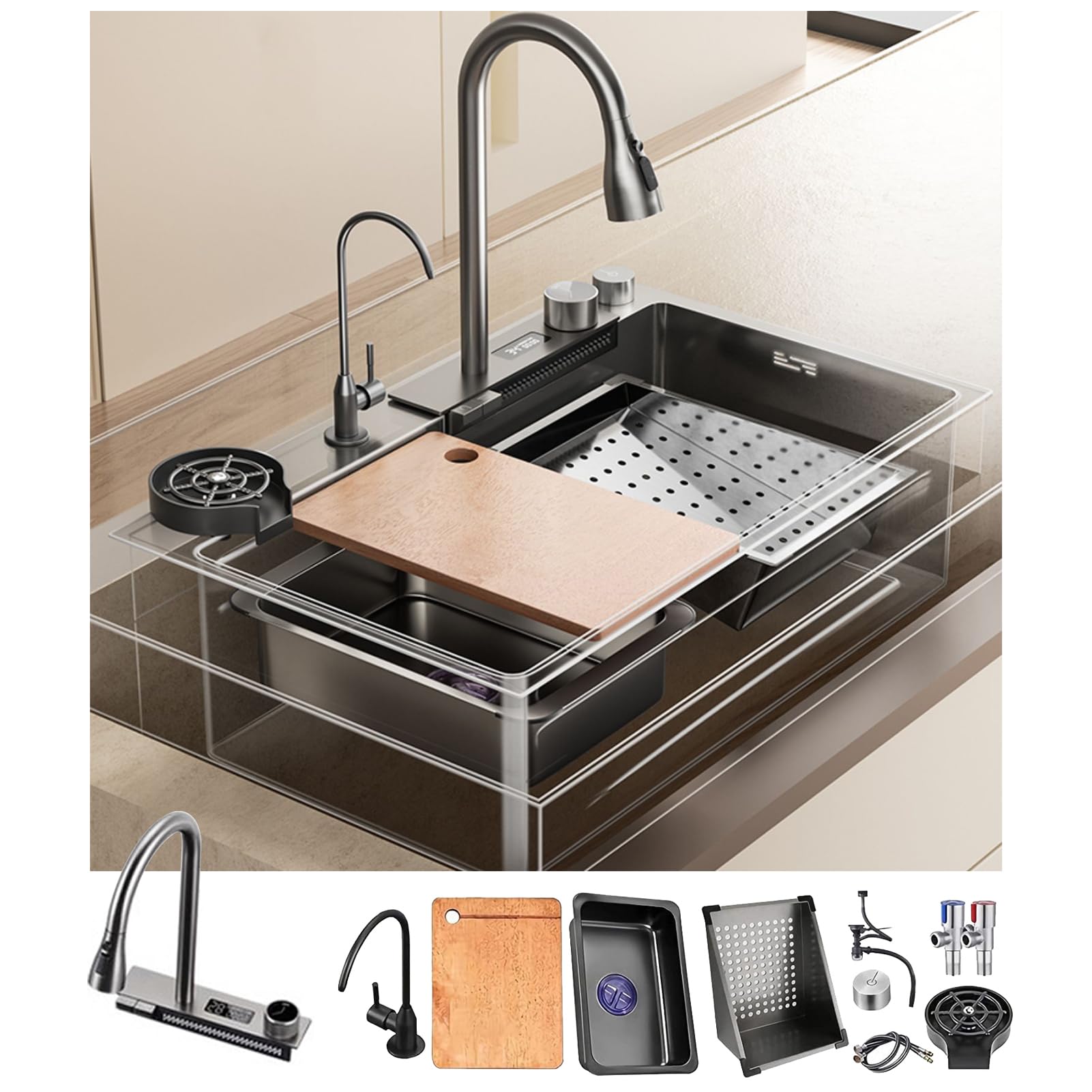 LMYSXAOZ Black 304 Stainless Steel Modern Undermount Single Bowl Kitchen Sink with Waterfall Tap and Accessories