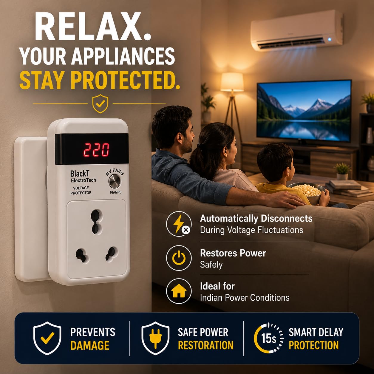 Blackt Electrotech BTSVP03 230V 16 Amps Automatic Voltage Protector Socket - Surge Protector for Air Conditioners, Refrigerators, Washing Machines, and TVs (1) — Amazon image 4