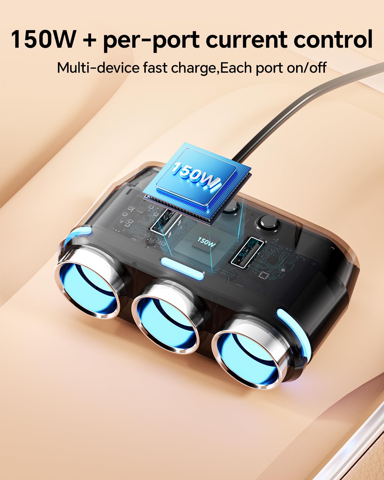 YANTU Adattatore per accendisigari da 150 W, caricatore USB con presa USB da 12 V, presa multipla per accendisigari con doppia o doppia spina, porta e prolunga per ricarica rapida per tutti i