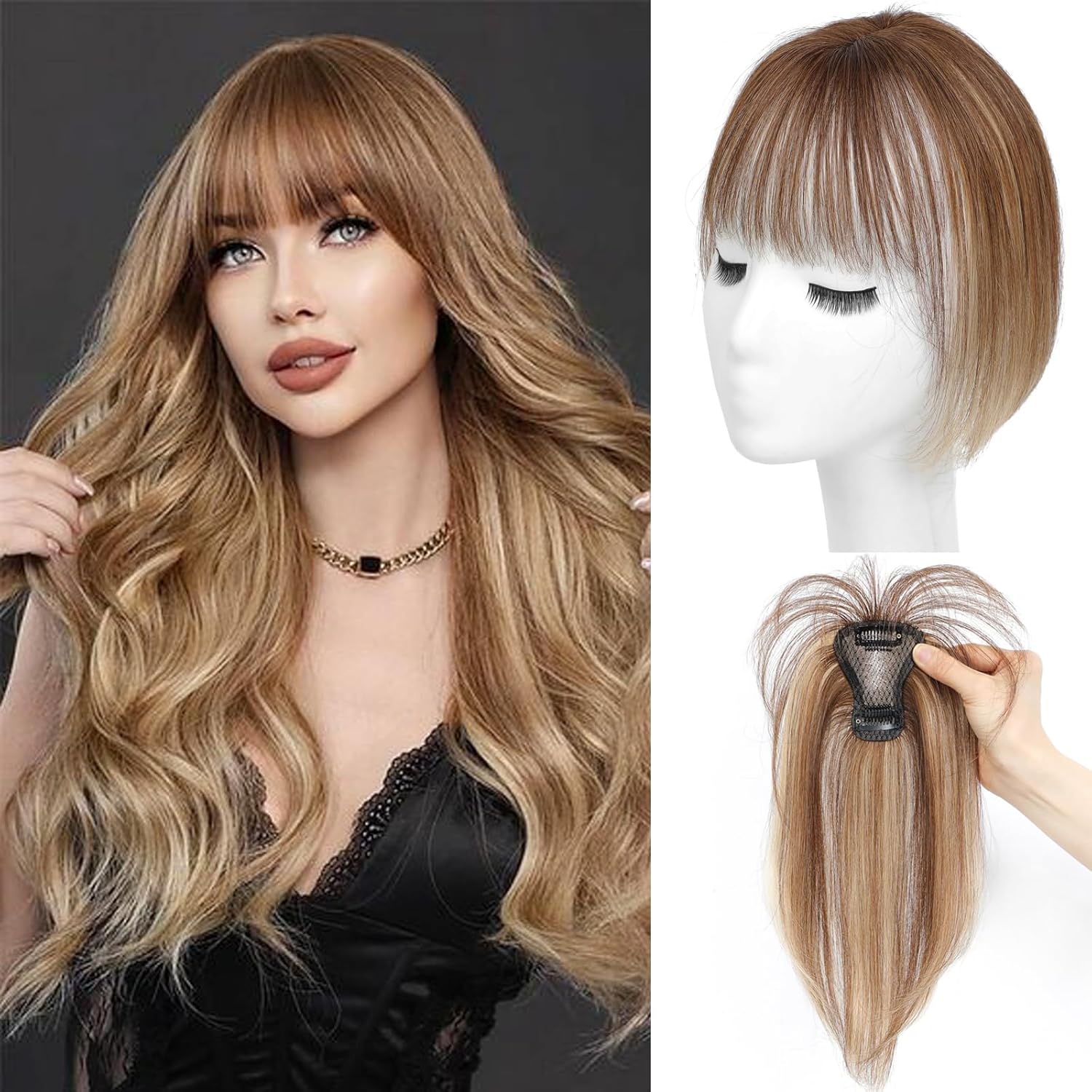 Angels Beauty Hair Toppers for Women Real Human Hair, 360° 3D Cover Wispy Bangs Hair Clip, Upgrade Base Human Hair Toppers for Women with Thinning Hair Side Bangs Hair Clip (4/27, Wispy Bangs) 3D 6*8 Wispy Bangs 4/27