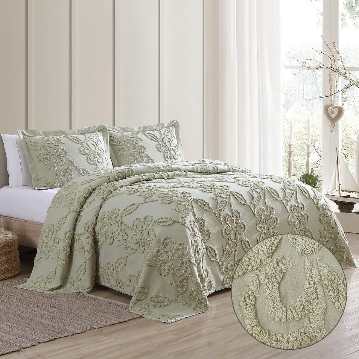 Beatrice Home Fashions 100% Cotton Tufted Floral Chenille Flowers Twin Bedspread 2-Piece Oversized Bedding Set with Pillow Shams, Sage Green