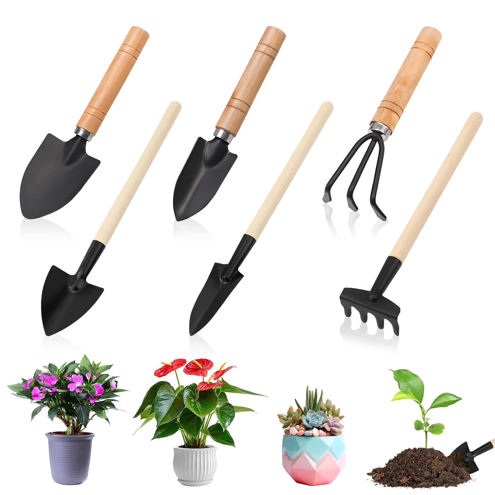 6 Juego de Herramientas de Jardín, Mini Herramientas Jardineria, Herramientas de Jardín Pequeñas, Kit de Jardinería Mango de Madera, Pala, Pala Pequeña, Rastrillo, para Suculentas, Plantas en Maceta