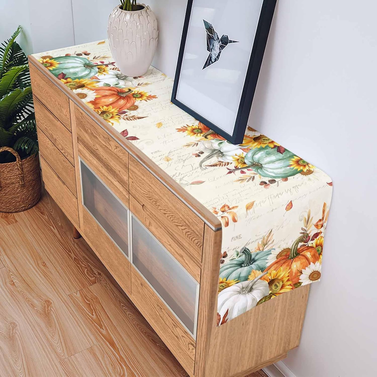 Fall Table Runner Autumn Thanksgiving Tablerunners 13x120inches, Table Decoration Tabletop Scarf for Fall Family Gathering Holiday Kitchen Dining Decor for Party, Vintage Sunflowers Pumpkin Leaf Beige