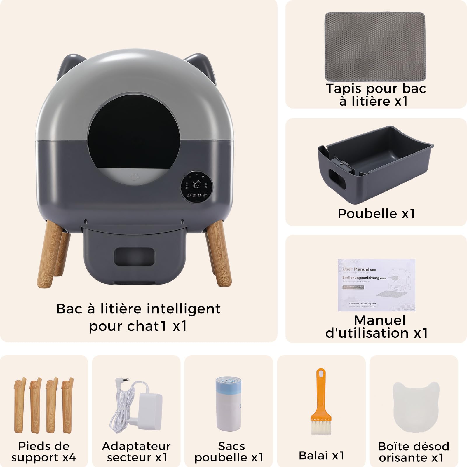 GTPLAYER Litiere Chat Autonettoyante 66L, Litière Automatique avec Contrôle APP, Anti‑Pincement, Éclairage LED 6 Couleurs, Bac Litiere pour Chat Inclus Tapis & Déodorant, pour Plusieurs Chats, Gris