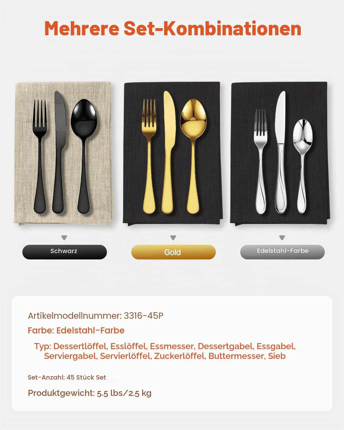 VEVOR Besteckset für 8 Personen, 45-teiliges Essbesteck-Set aus lebensmittelechtem Edelstahl, Spülmaschinenfestes Essgeschirr für die Küche, inkl. Messer Gabel Löffel