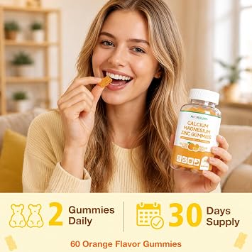 Calcium Magnesium Zinc Gummies - 1000mg Calcium with Vitamin D3, K2, B12 & Potassium 7-in-1 Supplement, Supports Bone, Immune Health & Muscle Function - Sugar-Free Orange Flavor, 120 Count