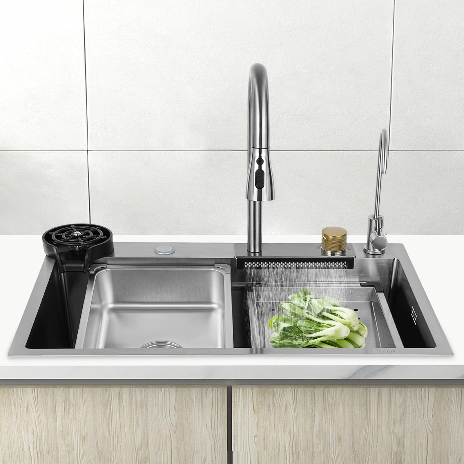 Fregadero de cocina rectangular de acero inoxidable, juego de fregadero de cocina con grifo extraíble, para cocinas, lavaderos, laboratorios, cafeterías, 68 x 45 x 21 cm
