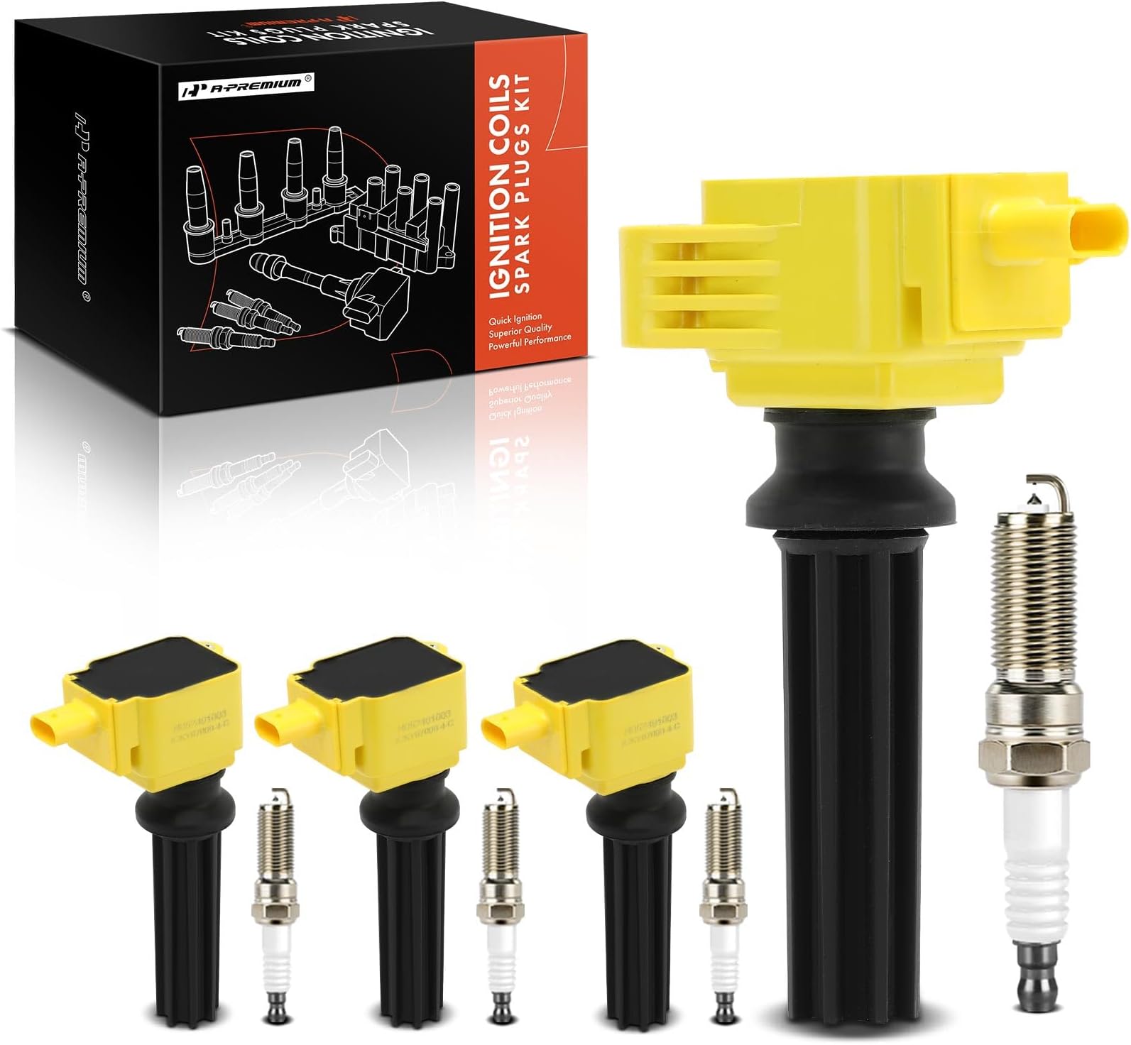 Ignition Coil Pack and Iridium Spark Plugs Compatible with Ford Explorer 2.0L/2.3L 2012-2019, Edge 2.0L 2012-2018, EcoSport 2.0L 2018-2022 & Lincoln MKT 2.0L 2013-2016 - Yellow, Set of 4
