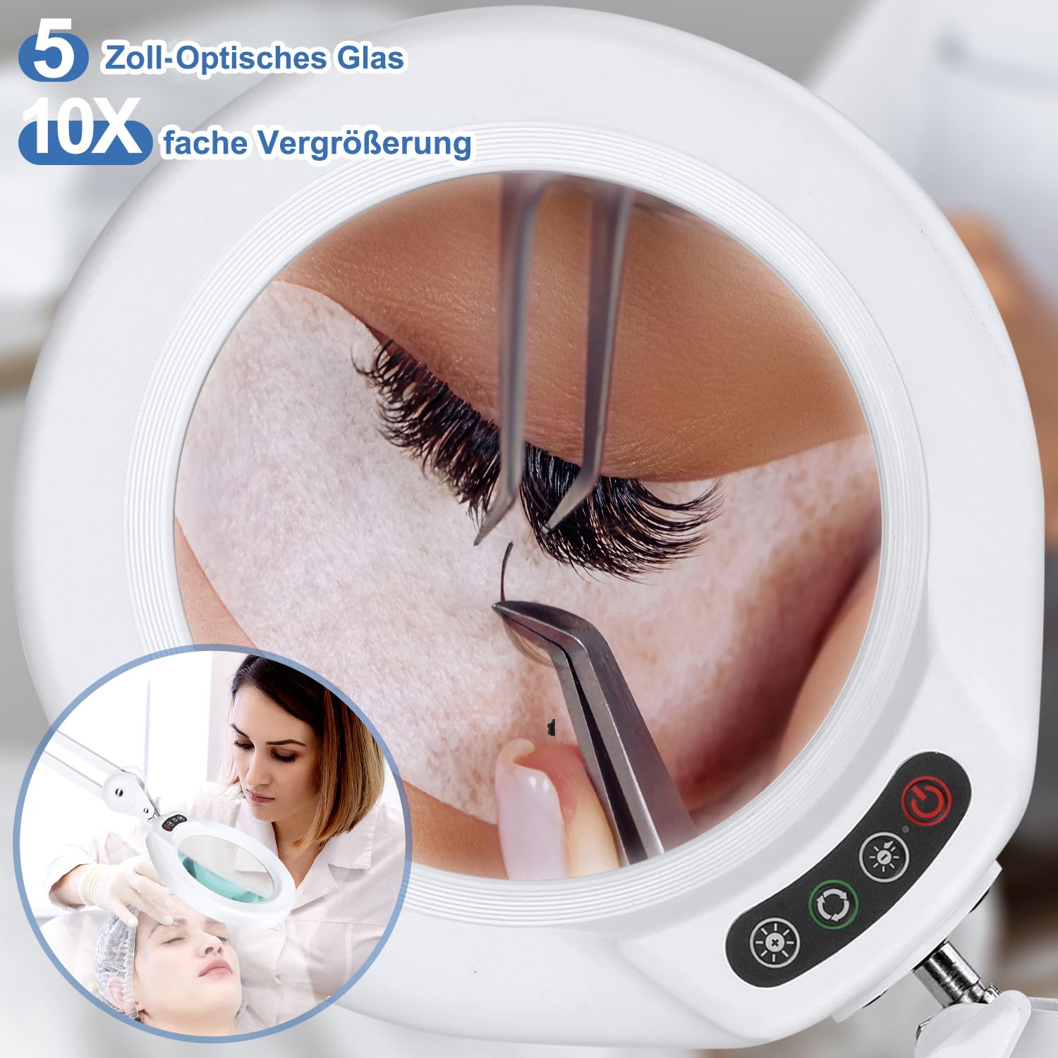 Lupa 10X con luz y Soporte, lámpara de pie LED superbrillante de 2200 lúmenes con 5 Ruedas, 5 Modos de Color, Lupa iluminada Regulable para esteticistas, tratamientos faciales y Salones de Belleza.