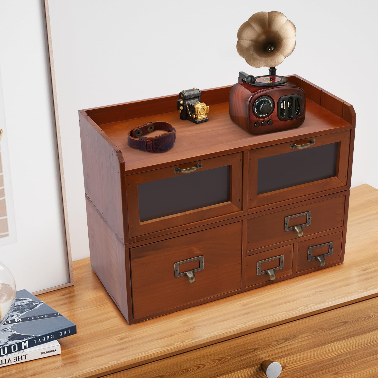 Organizer da scrivania a 6 cassetti, in legno di pino, 47 x 22 x 32 cm, marrone | Cassettiera vintage in acrilico trasparente, per cancelleria, cosmetici, gioielli e piccoli oggetti di uso quotidiano