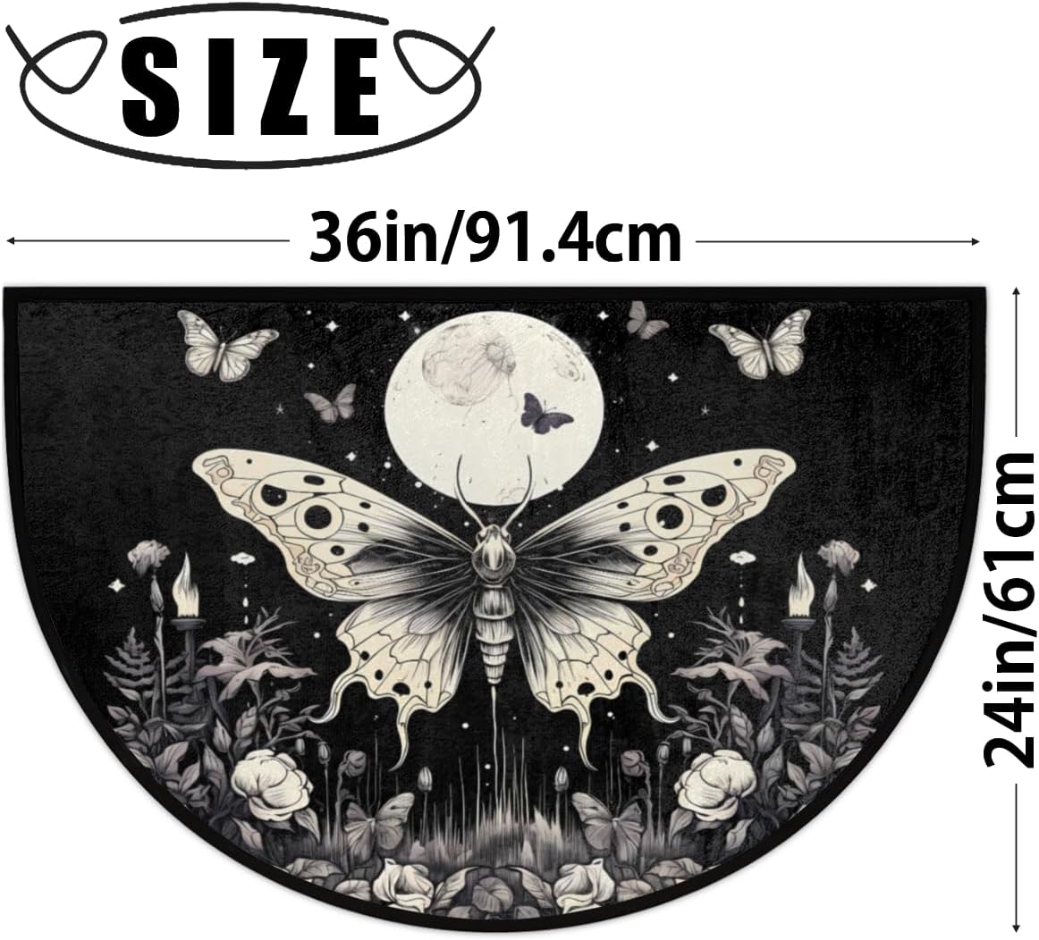Retro Gothic Butterfly Half Round Door Mat Indoor Entrance, Moon Flower Non Slip Absorbent Doormats 24 x 36 inch Semi Circle Door Floor Mats Area Rugs for Home Kitchen Patio