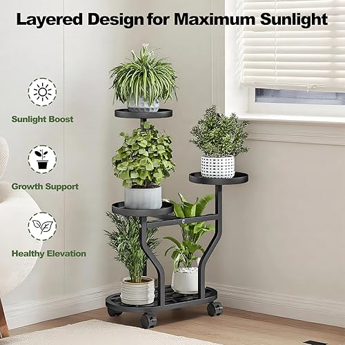 Miniatura 6 de Soporte para plantas con ruedas de metal de 3 niveles, estante esquinero de flores para múltiples plantas, estante de exhibición para dormitorio,