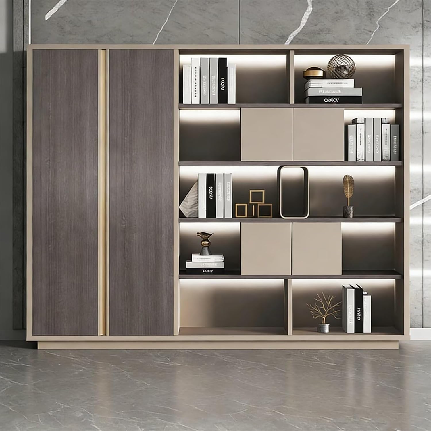 Bookshelf - Modern Bookcase with Sensor Ambient Light Hidden Handle 5-Tier File Cabinet Includes Clothes Hanging Rod Open