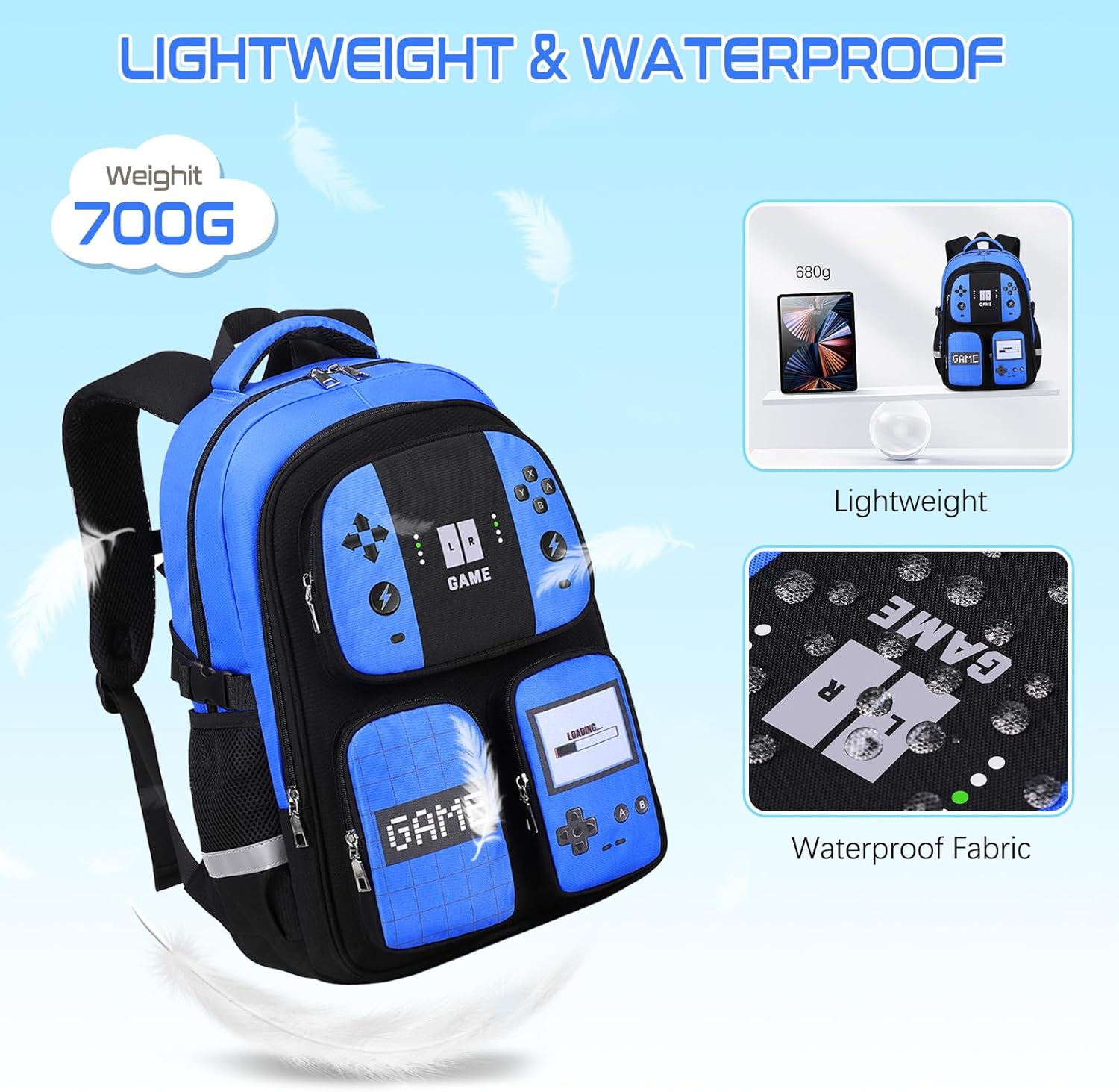 Gamer Backpack for Boys, 3PCS Boys Backpack with Lunch Box & Pencil Pouch, Waterproof School Bags for Boy Kids Children Teens, Elementary Middle School, Kids Book Bag Casual Daypack (Blue) - Image 4