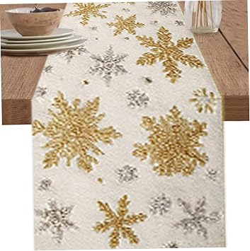 Christmas Table Runners 72x13 Golden Silver Snow Table Runner Washable Christmas Decorations for Holiday, Home, Kitchen, Mantel Decor