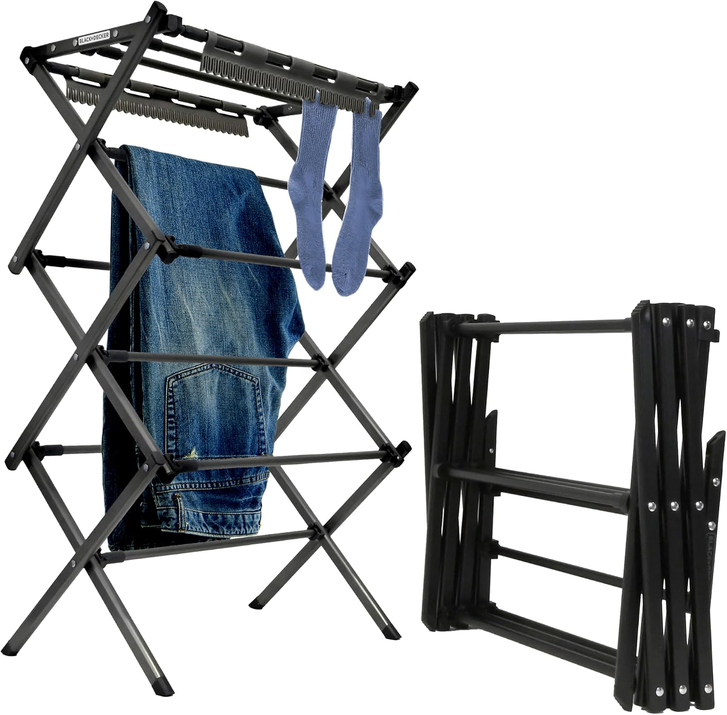 BLACK+DECKER Space Saving 3-Tier Expandable Clothes Drying Rack, Foldable Laundry Rack for Indoor Air Drying, Rust Resistant Steel, 24.6 Ft Drying Space, Black
