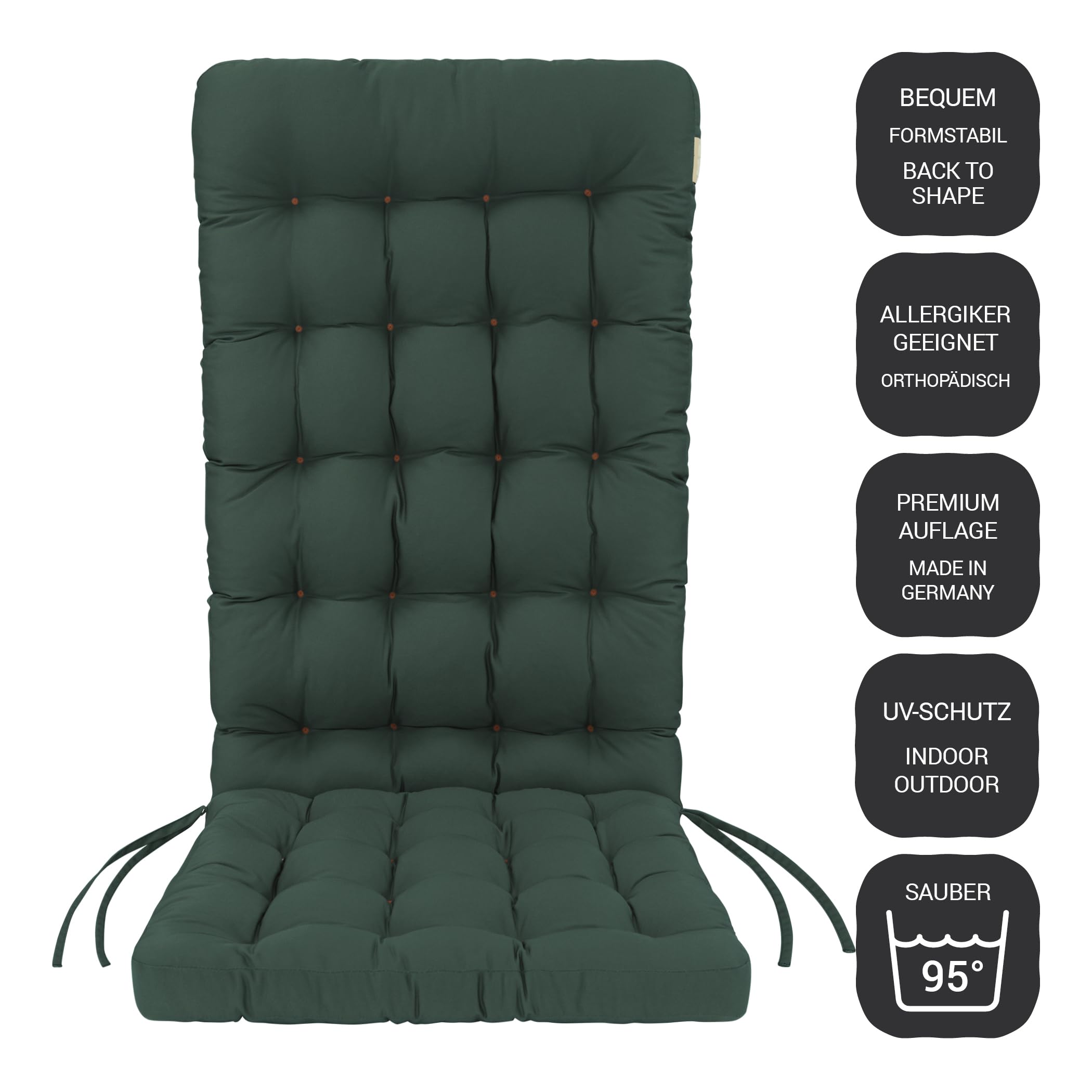 Hochlehner Auflage (1 St.) - Sitzpolster Gartenstuhl - Bequem, Wetterfest, Waschbar bis 95°C, Orthopädisch - Made in Germany (1 Stück - 120x48 cm, Moosgrün)