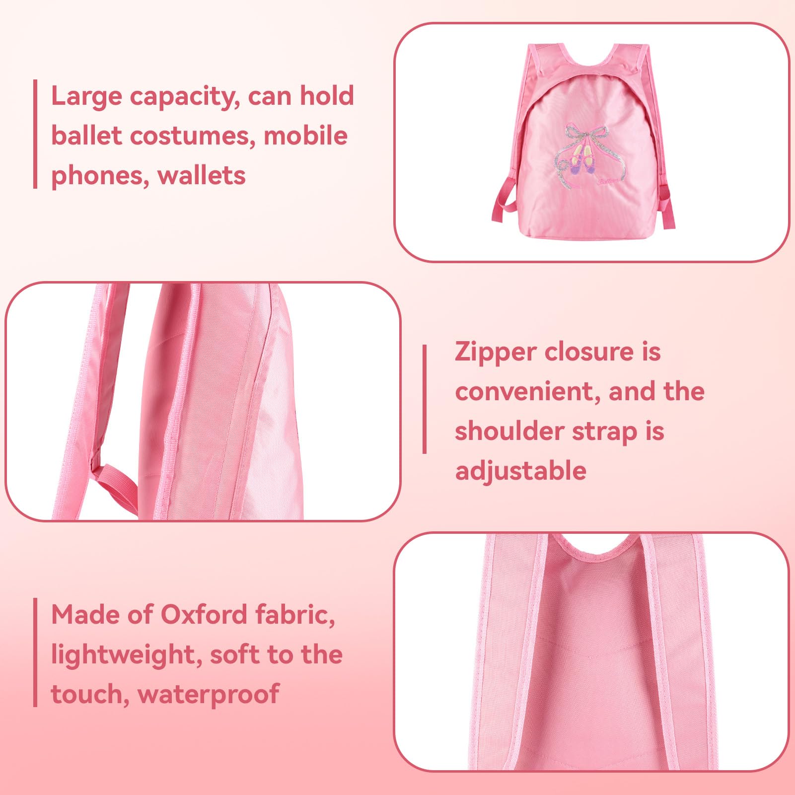 HERCHR Bolsa de Ballet para Niñas, Mochila Deportiva con Cremallera, Bolsa de Viaje, Bolsa de Hombro Doble Rosa
