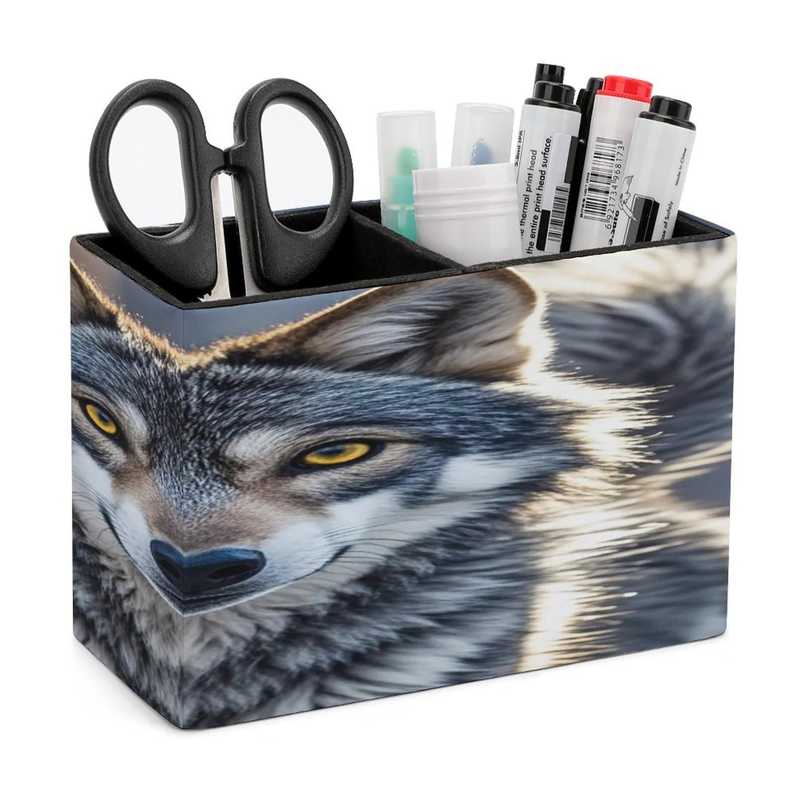 LZQPOEAS Cute Wolf Leather Pen Holder with 2 Compartments Luxury Pencil Holder Minimalist Pencil Cup Brush Scissor Holders Elegant Pen Cup for Office Home Desk Accessories