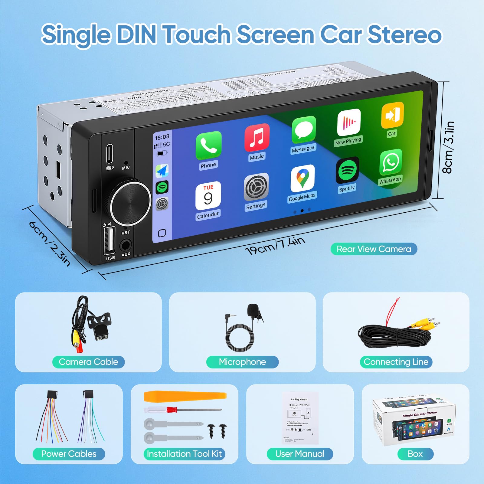 6.3" Single DIN Touchscreen Car Radio with Wireless CarPlay & Android Auto, Backup Camera, Mirror Link, Hands-Free Calling, FM Radio, Steering Wheel Control & Voice Command — view 2