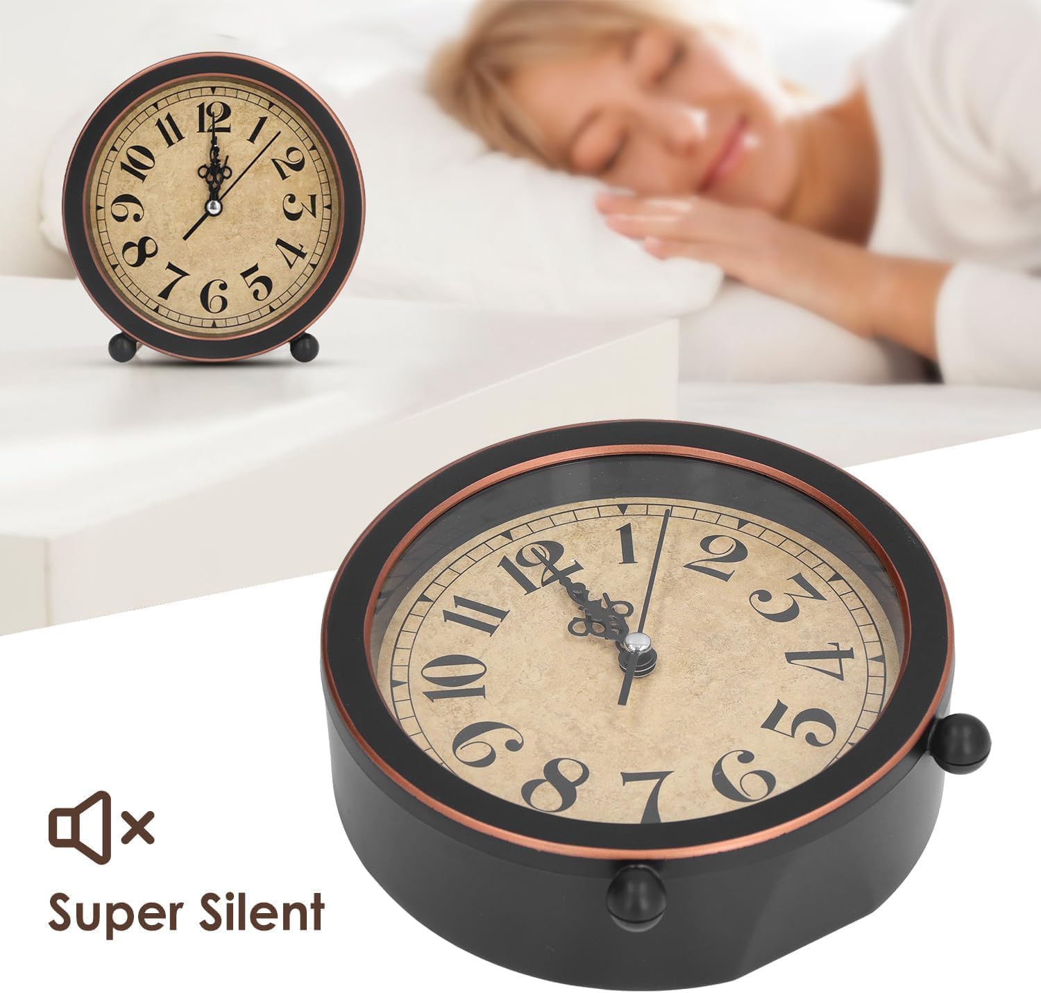 Vintage Retro Analog Alarm Clock, 5 in Silent Small Bedside Desk Clock Battery Operated, Non-Ticking Table Clock for Bedroom, Desk, Shelf - Super Silent, High Accuracy