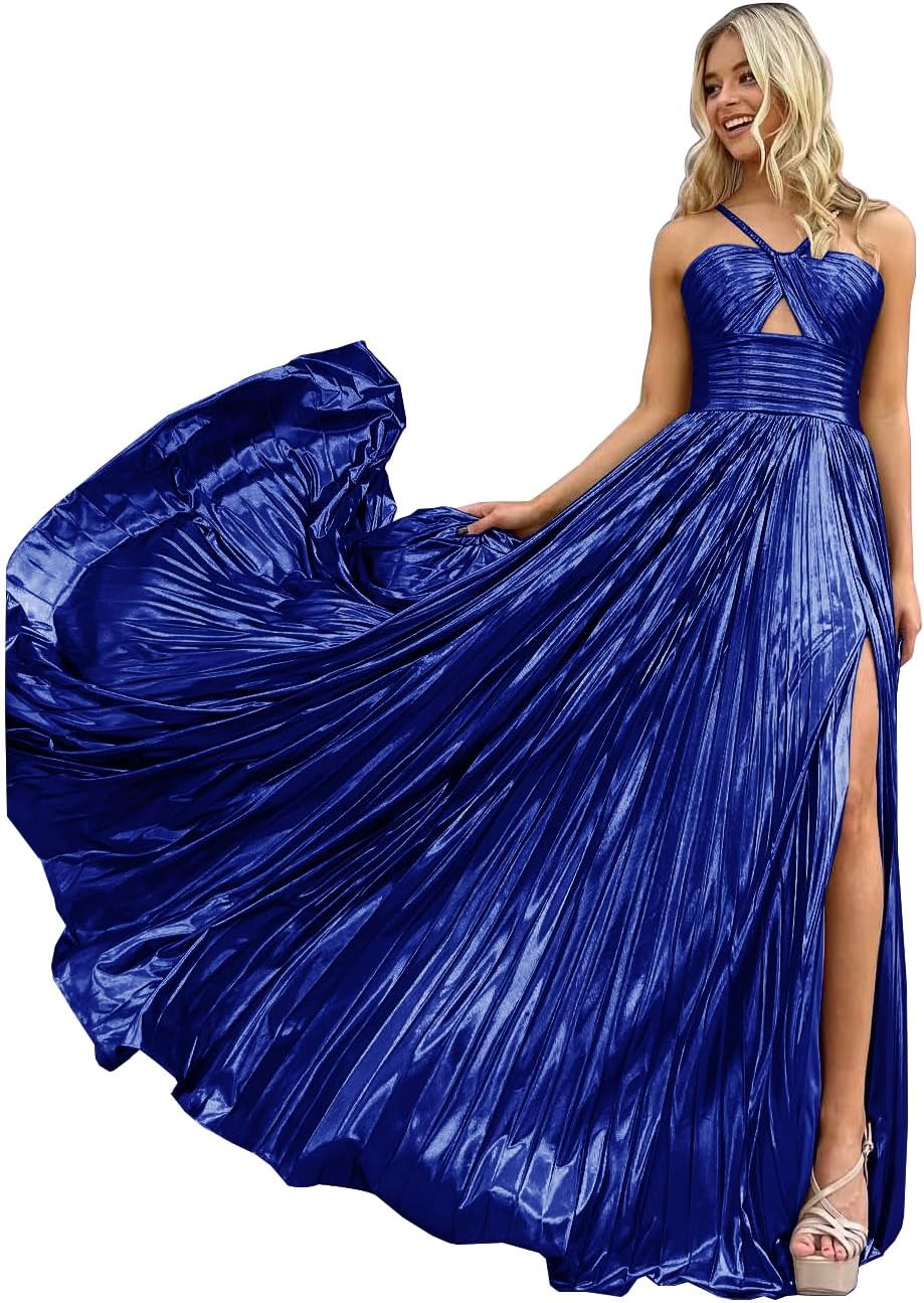 Women's Spaghetti Strap Metallic Sparkly Prom Dress Formal Pleated Long Evening Dress