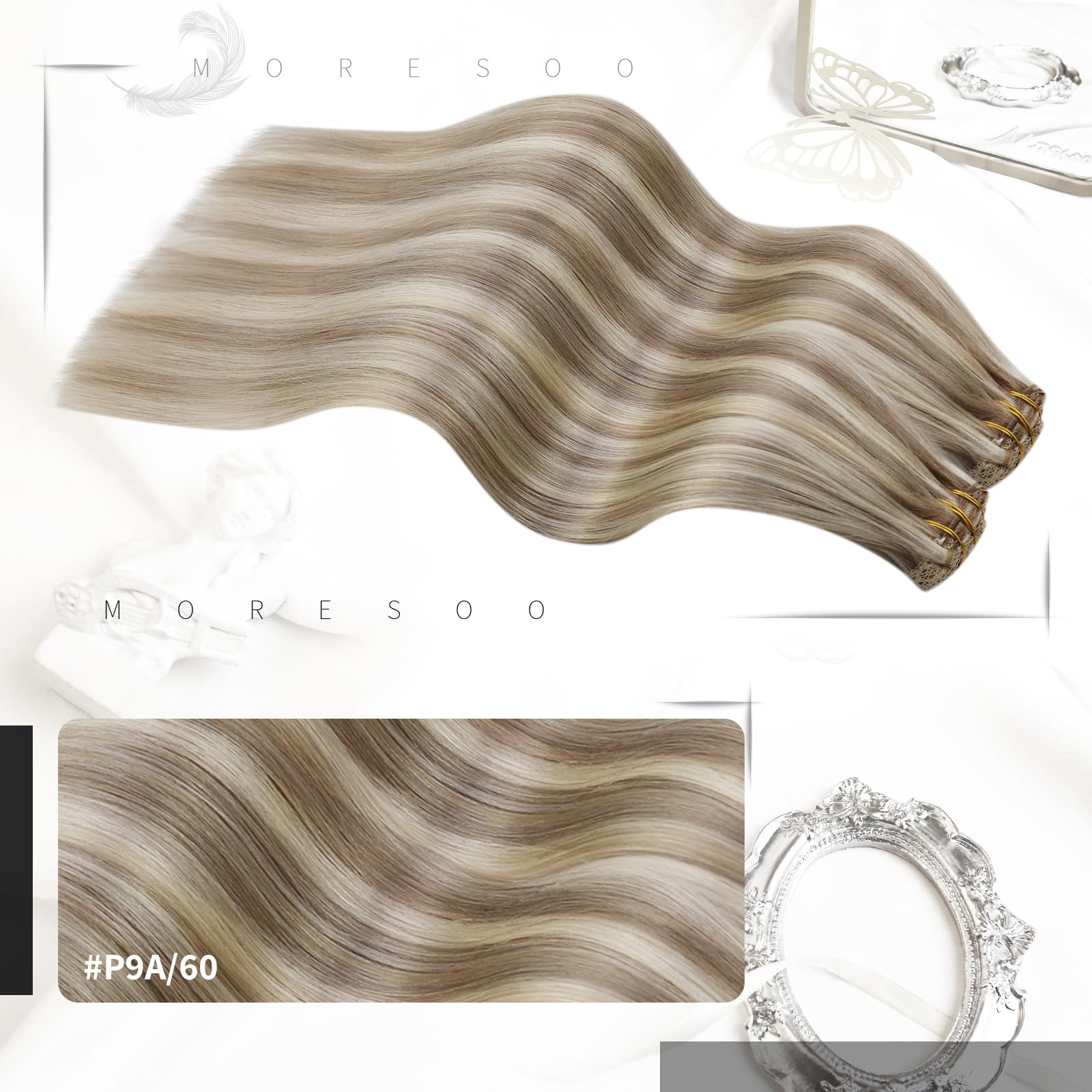 Moresoo Clip in Human Hair Extensions Light Brown with Platinum Blonde Clip in Hair Extensions Balayage Remy Human Hair 16 Inch 7 Pieces/120g #9A/60 - Image 2