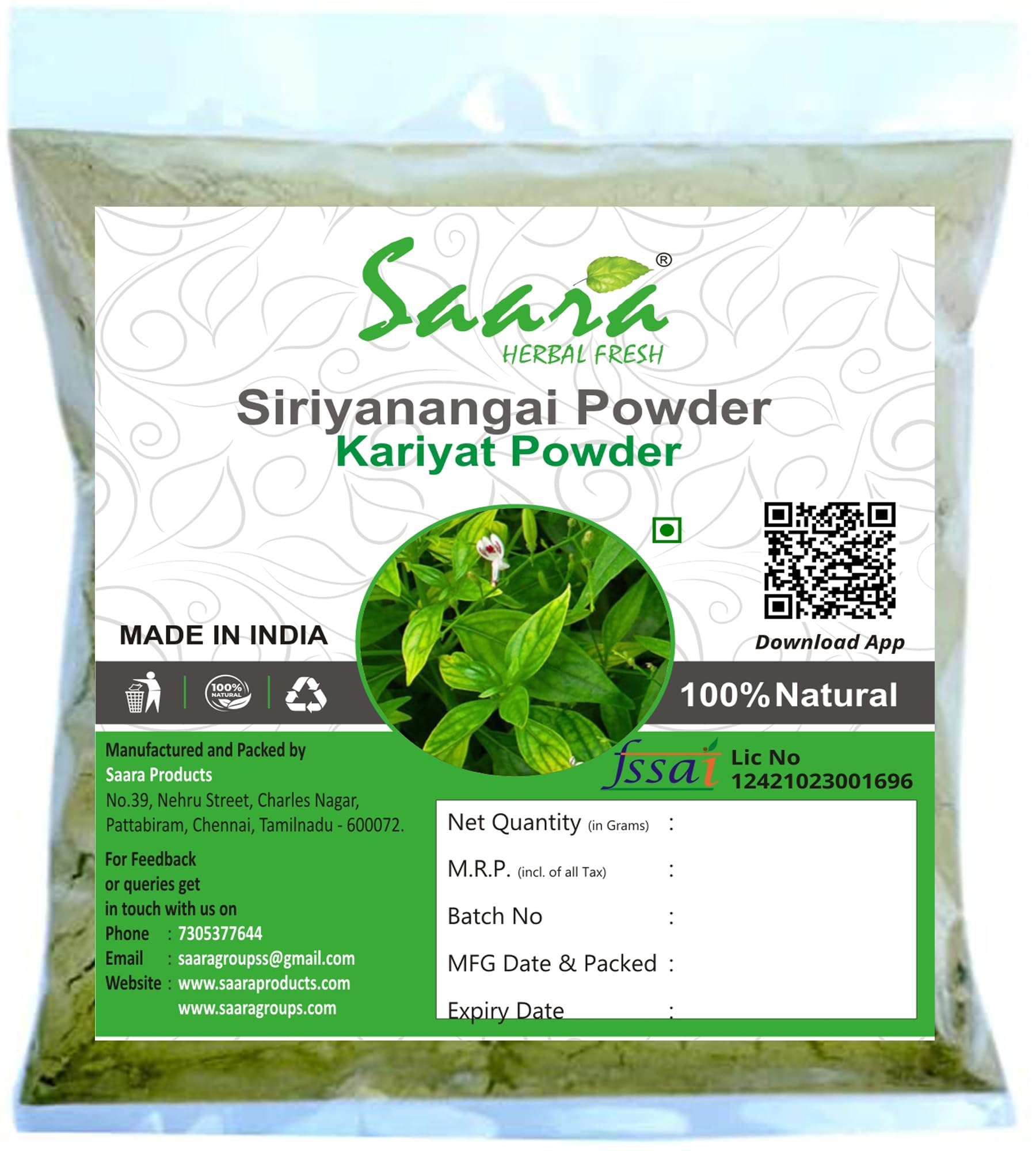 Saara HERBAL FRESH Chiriya Nangai Powder, 100g, Siriyanangai, Kirayat, Nilavembu, Nelavepu, Kariyat Powder, (pack of 1 x 100g) (B07S2MY433) Amazon Price History, Amazon Price Tracker