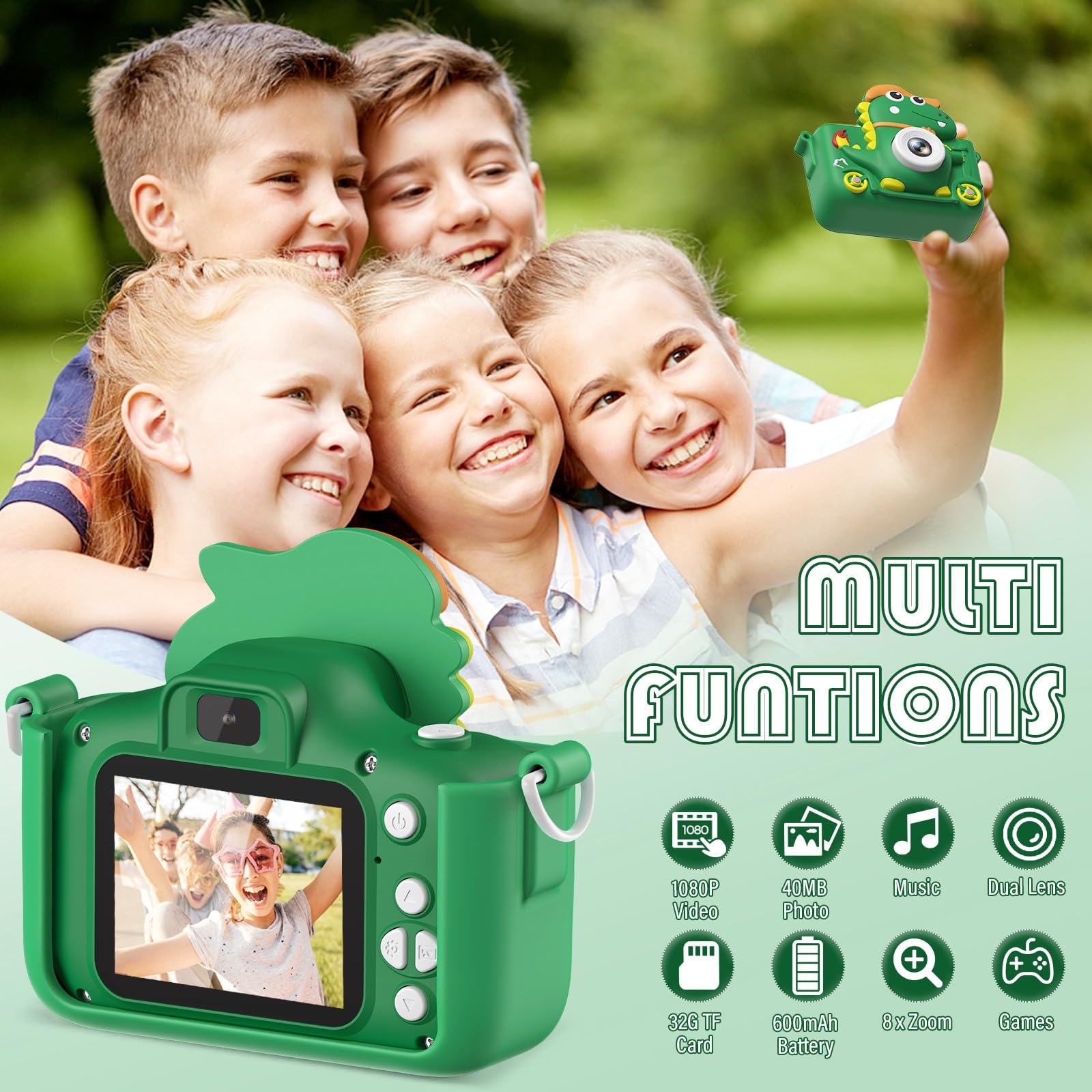 Macchina Fotografica Bambini Dinosauro, 2" 1080P Fotocamera Bambini, HD Selfie Fotocamera Per Bambini 32G, Regalo per bambino e bambina 3 4 5 6 7 8 9 10 11 12 Anni, Regali Giocattolo (Verde)