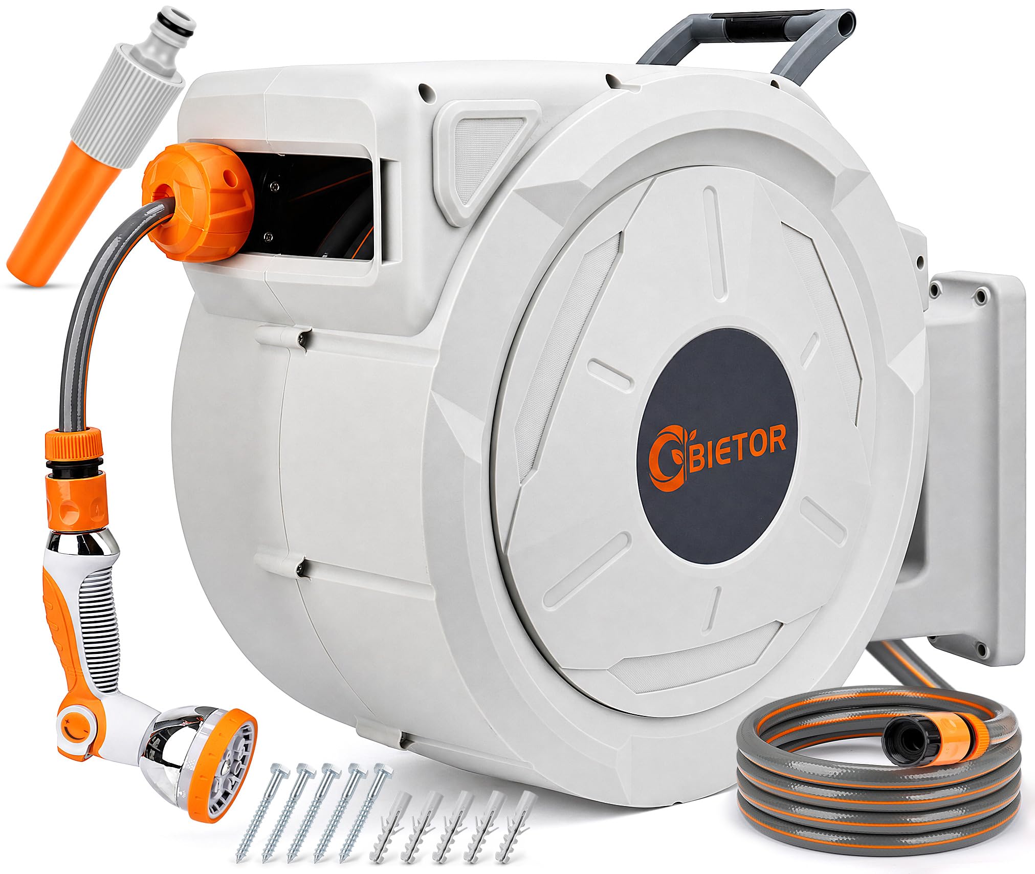 Bietor Retractable Garden Hose Reel, 1/2“ x 45m+2m Upgraded UV Resistant Heavy Duty Wall Mounted Hose Reel with 10 Patterns Nozzle, Any Length Lock, Slow Return System, 180°Swivel Bracket