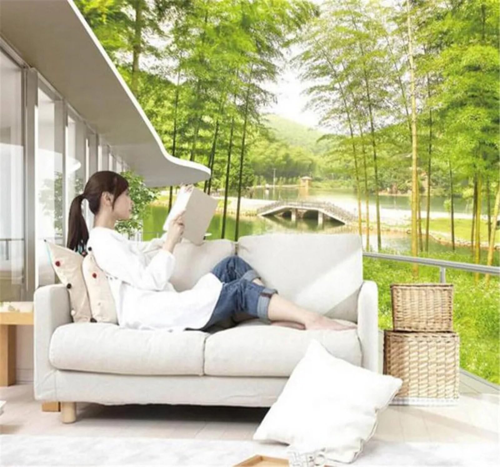 XLMING Fresh Green Bamboo Grove Architecture River 3D Wallpaper Luxury Silk Study Dining Feature Sofa Grey Bedroom Living Room Tv Decorative Wall-250cm×170cm
