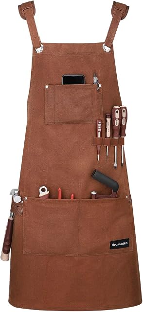 Housolution Work Apron, Multipurpose Heavy Duty Waxed Canvas Waterproof Tools Apron with Tool Pockets for Woodworking Crafting Painting, Cross-Back Straps, Adjustable M to XXL, Brown