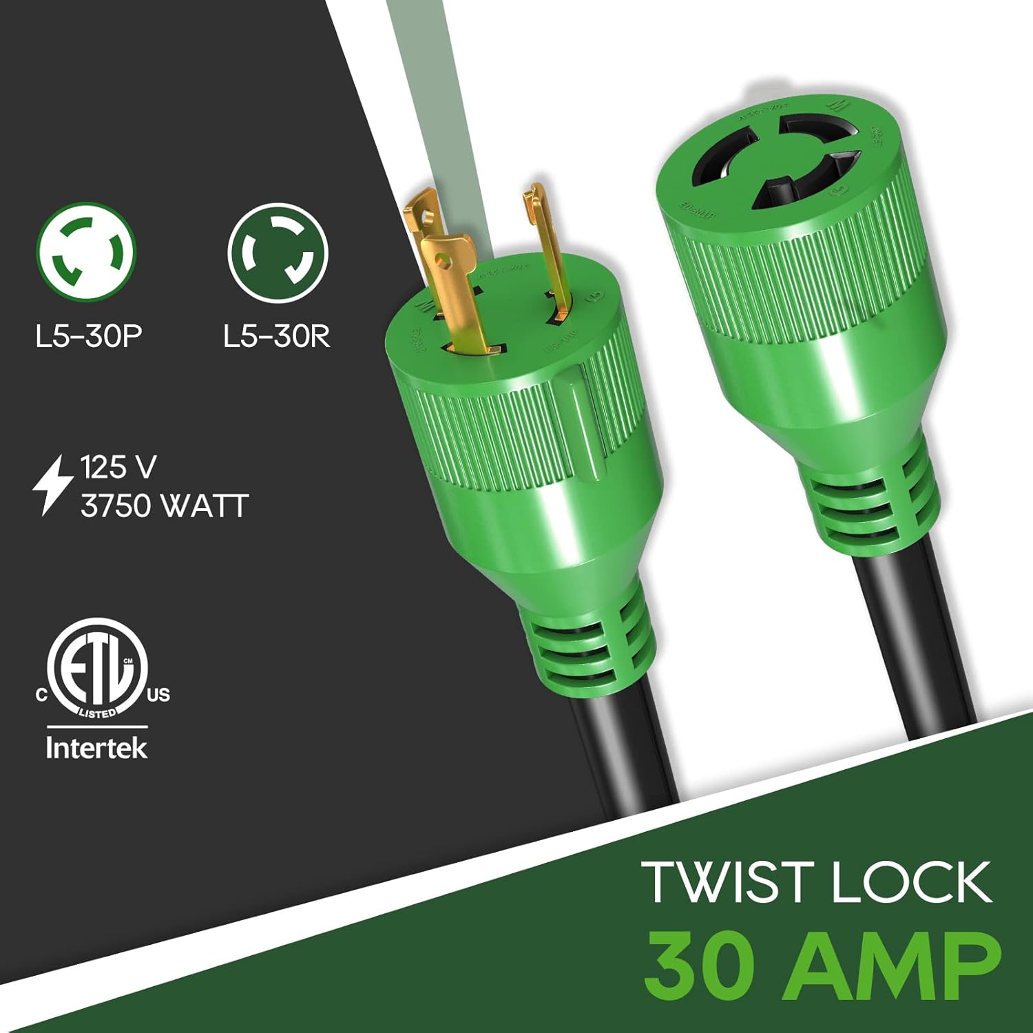 RVGUARD 3 Prong 30 Amp 100 Foot Generator Extension Cord, NEMA L5-30P/L5-30R 125V 10 Gauge SJTW Generator Power Cord with Cord Organizer, ETL Listed