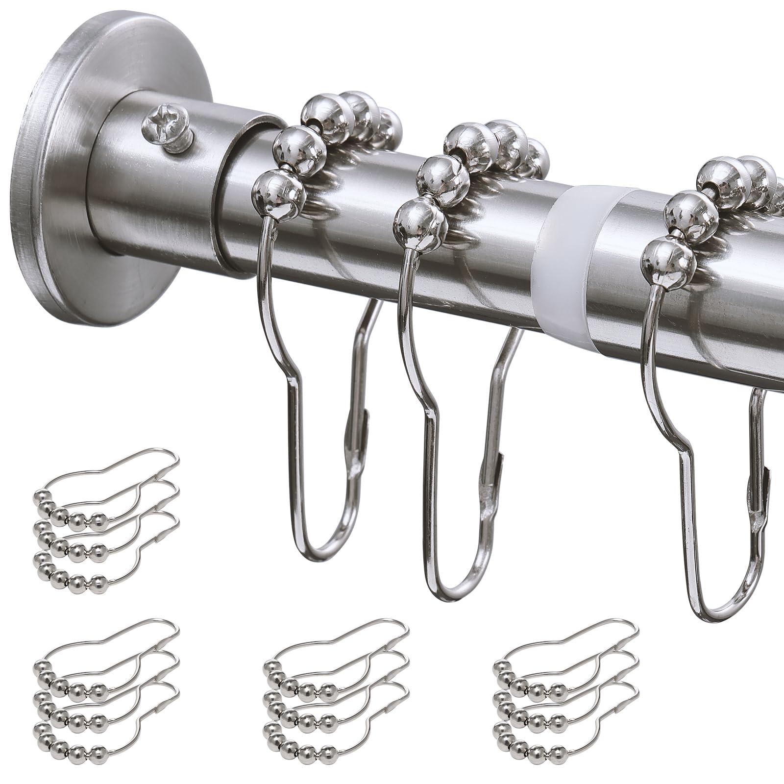 Adjustable Shower Curtain Rod 43-64”, 1" Diameter Silver Shower Curtain Rod Heavy Duty with 12 Shower Rings, Wall Mounted Rust Proof Screw in Shower Curtain Rod for Bathroom